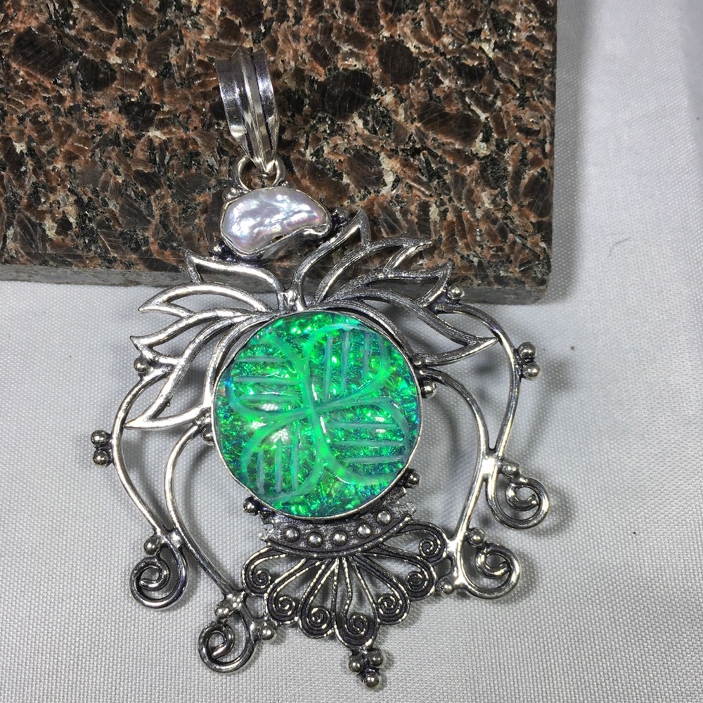 Carved Dichroic Glass, Biwa Pearl Pendant